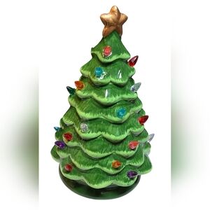 12" Green Ceramic Lighted Battery Operated Christmas Tree Gold Star